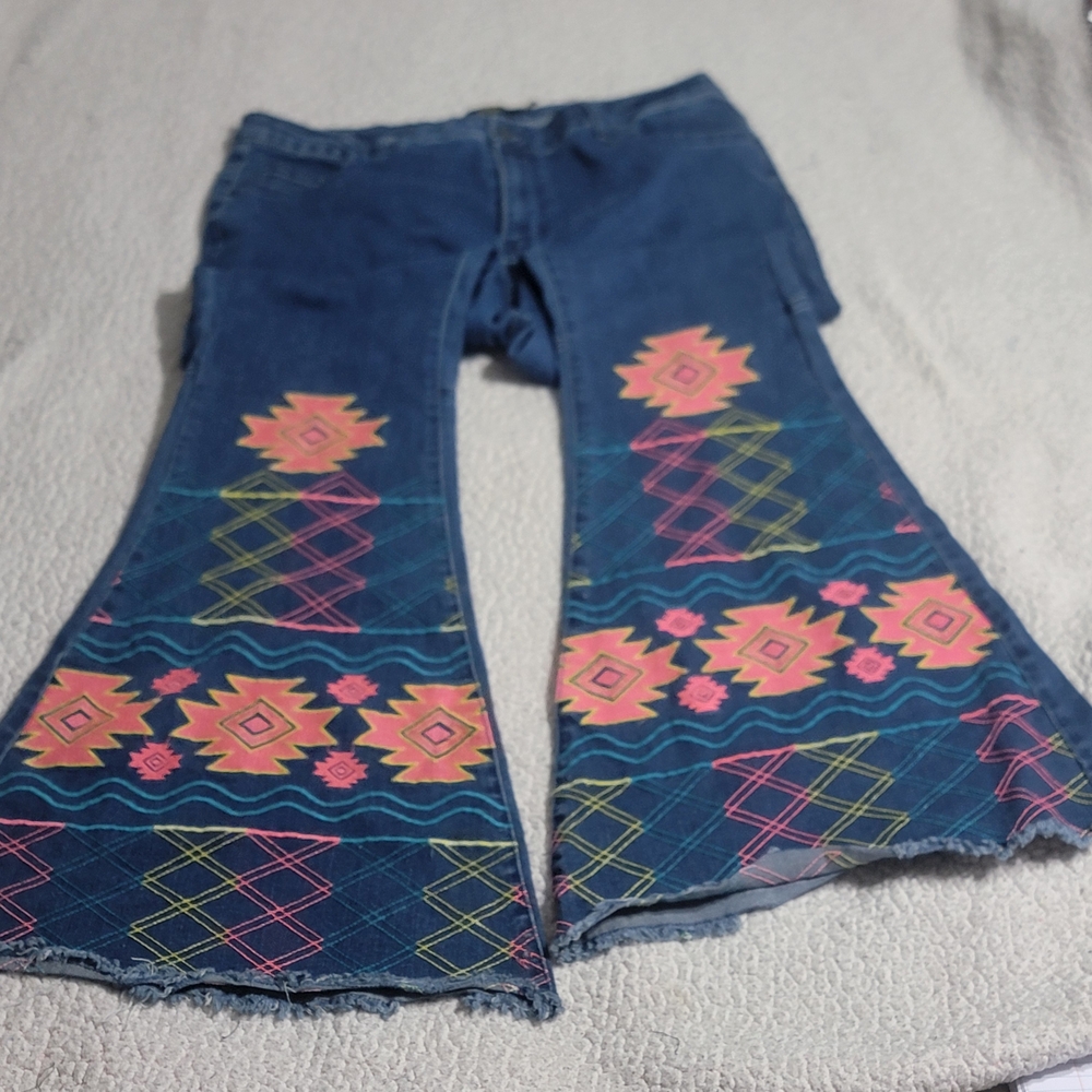 L&B Lucky & Blessed Western Flare Jeans Embroidered Denim Boho Cowgirl Style